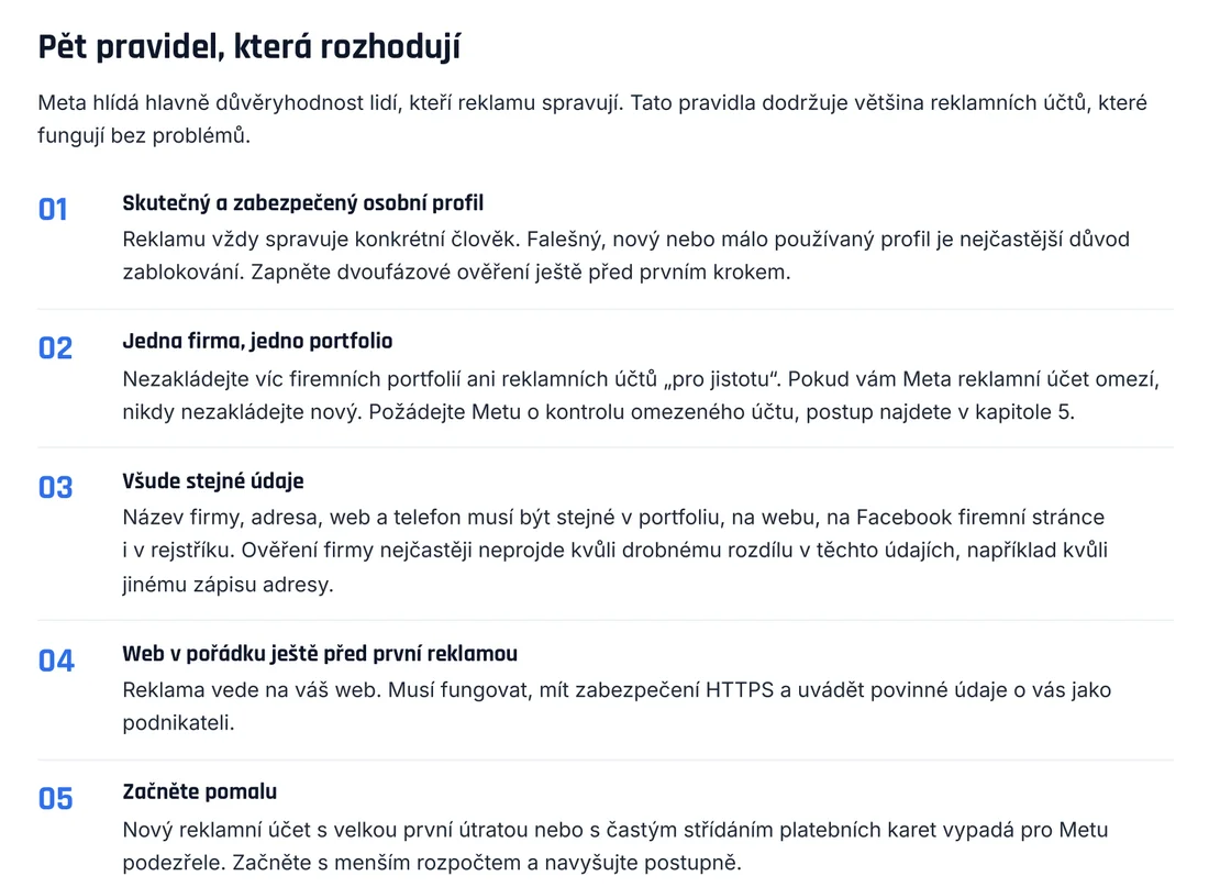Stránka návodu Meta Ads: Pět pravidel, která rozhodují, a upozornění na DPH