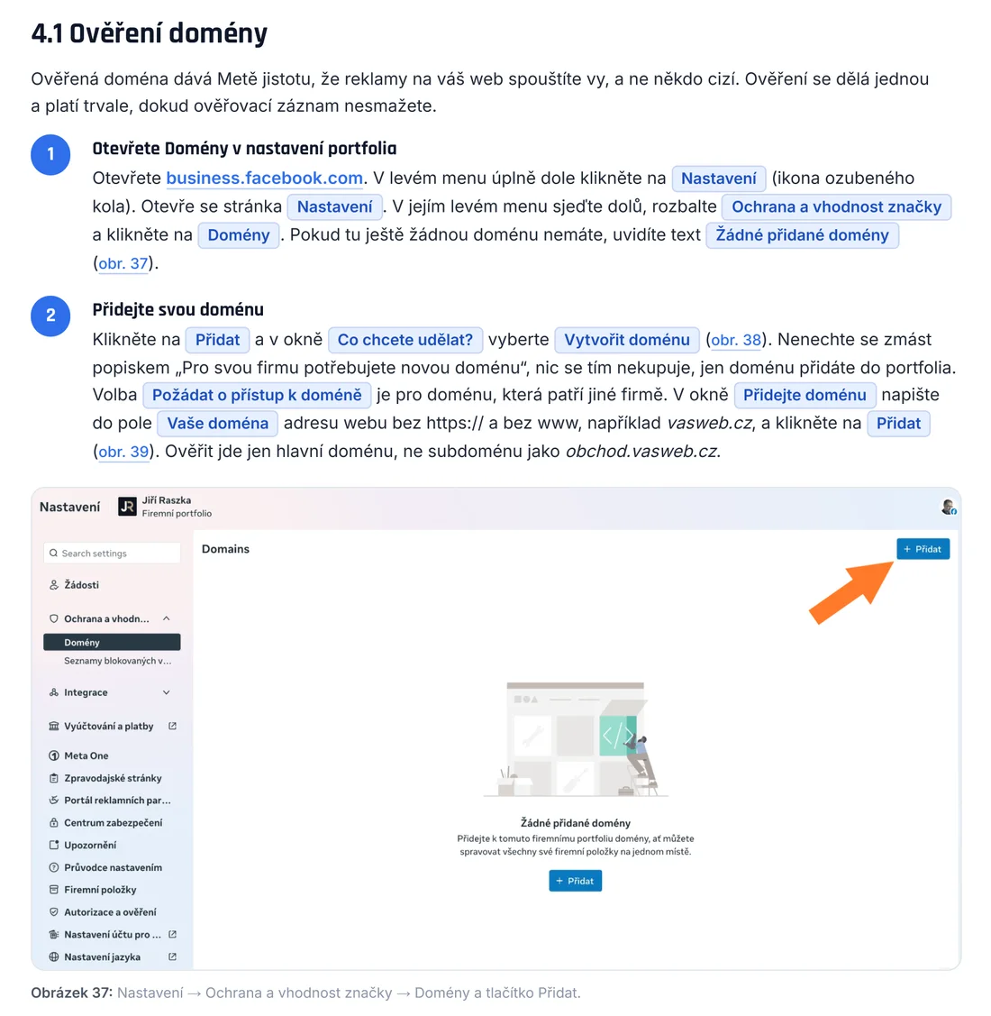 Stránka návodu Meta Ads: postup ověření domény krok za krokem se screenshotem a oranžovou šipkou